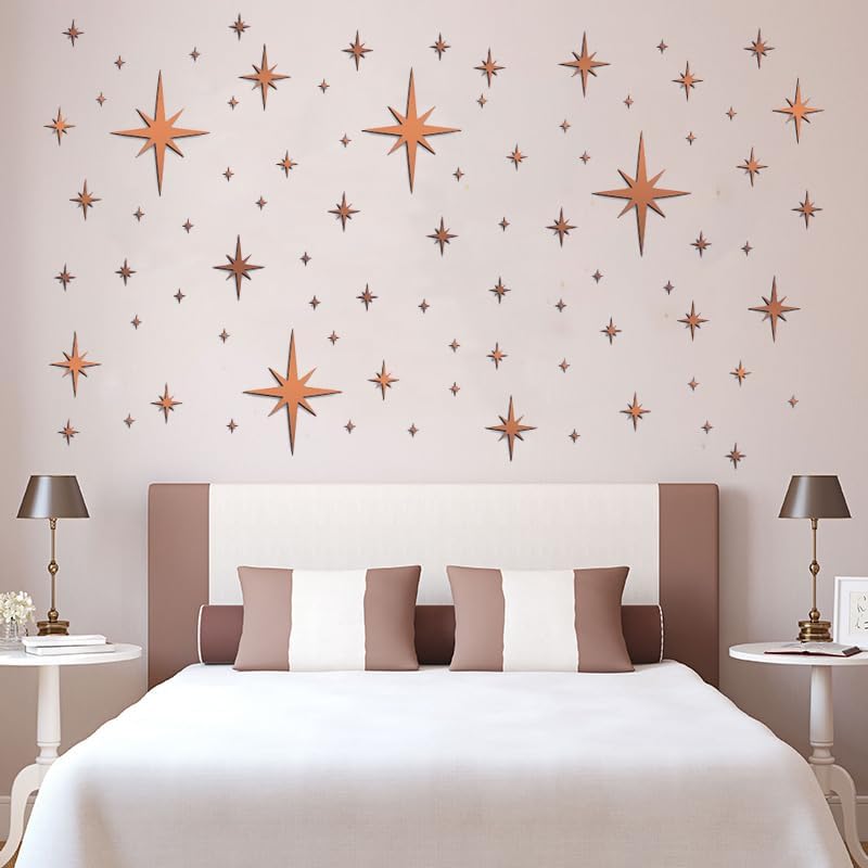 Miniatura 3 de 1 hoja de 82 calcomanías acrílicas de pared con diseño de estrella de espejo de estrella, color oro rosa, fáciles de pelar, autoadhesivas,