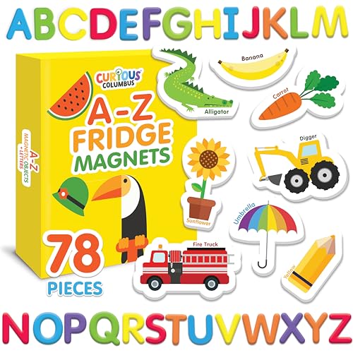 Curious Columbus Magnetic Objects and Letters. Set of 78 Foam Magnets Including 52 Pictures and 26 Uppercase Alphabet Magnets from A-Z. Educational Toy for Preschool Learning