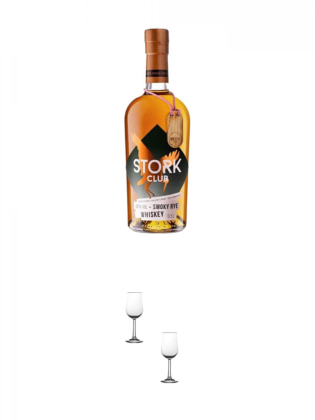 Stork Club SMOKY RYE 50% Whisky Deutschland 0,50 Liter + Nosing Gläser Kelchglas Bugatti mit Eichstrich 2cl und 4cl - 2 Stück