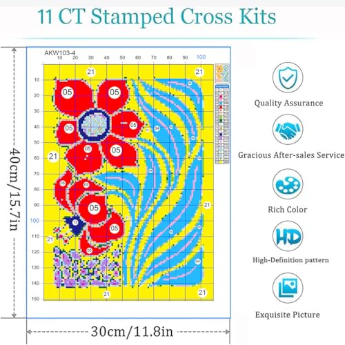 Image of Eiazuiks 4 Packs Stamping Cross Stitch Kit, Flowers Counting Cross Stitch Kit for Adult Beginners, Full Line DIY Stitching Kit for Home Decor Cross Stitch Patterns 12x16 inches