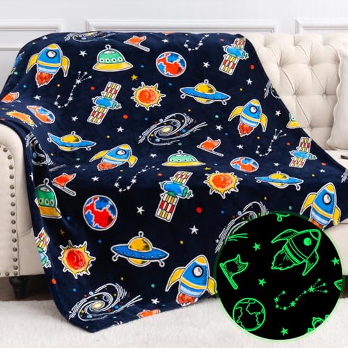Jekeno Space Toys Gifts for Boys Girls - Glow in The Dark Galaxy Blanket Christmas Birthday Valentines Easter Present Decor for Kids Age 1-14 Year Old Teen Child Toddler Planet Spaceship Throw 50