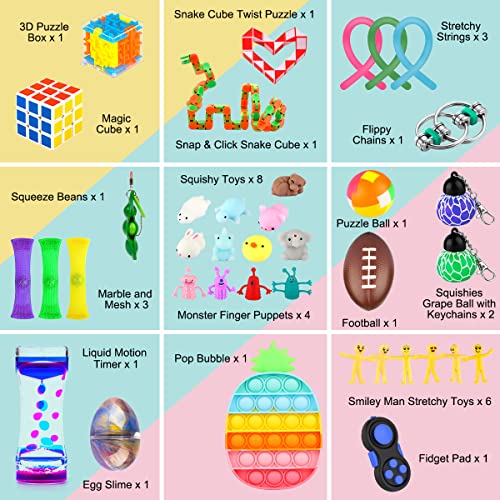 Sensory Fidget Toys Set, 39 Pcs Pop Bubble Autism Toys Stress Relief and Anti-Anxiety for ADHD ADD Adults Kids with Stress Balls, Squishy, Stretchy String, Puzzle Balls (Colorful)