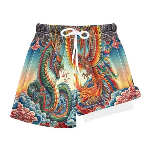 YANENDIE Boy Swim Trunks with Compression Liner Dragon and Phoenix Boys Swim Shorts Quick Dry Beach Shorts