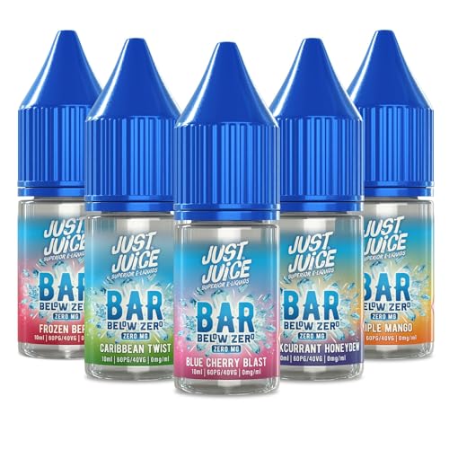 Just Juice Superior E-Liquids Bar Saltfill Vape Liquid Variety Sample Pack - 5 Below Zero Icy Fruit Flavours - 5 x 10ml Bottles 60/40 0mg e-Liquid Nicotine Free