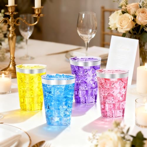 Image of 50 Pcs Silver Plastic Cups,12oz Silver Rimmed Plastic Cups,Heavy Duty Disposable Plastiic Wine Glasses Cocktail Glasses Premium Cup with Silver Rim for Party,Wedding,Christmas