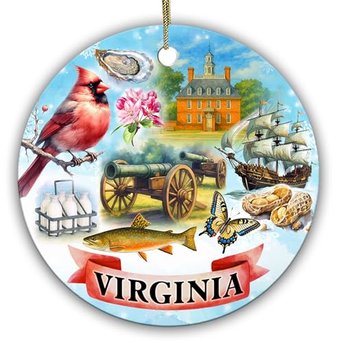 Sportyzen Virginia State Symbols Ceramic Christmas Ornament – Cardinal, Dogwood Flower, Colonial Williamsburg, Historic Ship & Cannon – Unique Travel Souvenir & Holiday Tree Decoration