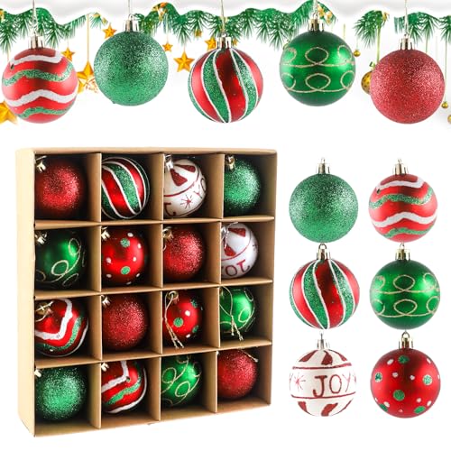 GENHH 16 bolas de Navidad, 6 cm, adornos navideños para árbol, adornos para el árbol de Navidad para la decoración, serie clásica tema rojo, verde y blanco