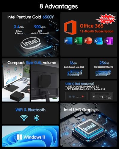 Image of Mini PC, 1 Year Office 365, Intel Pentium Gold 6500Y (up to 3.4GHz), 16GB RAM 256GB SSD, Windows 11 Desktop Computers for Home Office Business Students, Triple 4K Display via USB-C /HDMI /DP, WiFi, BT