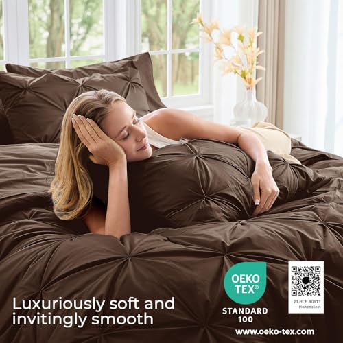 Image of Sasttie King Size Comforter Set, 7-Piece Bed in a Bag, Pintuck Bedding Set for All Season, Includes Comforter, Flat Sheet, Fitted Sheet, Pillowcases and Pillowshams, Dark Brown