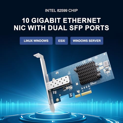 Image of 10Gb PCIe NIC, Intel 82599EN, SFP+ Port, X520-DA1 Compatible, PCIe X4 /X8, Low Profile, Supports Windows Server /Linux /VMware ESXi /Proxmox /TrueNAS