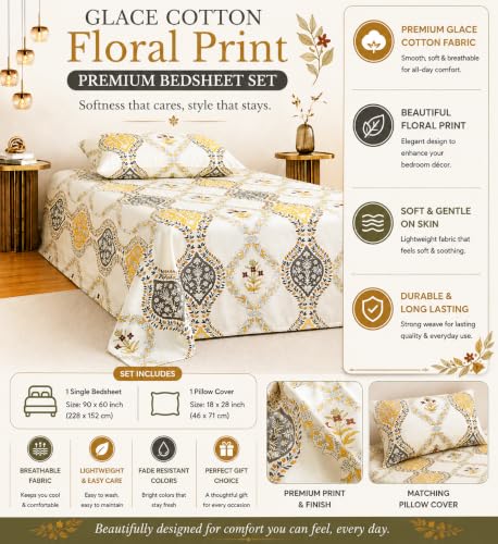 Image of IVAZA 240 TC Soft Ezyption Cotton Floral Print Single Bed Bedsheet - with 1 Pillow Covers, Hypoallergenic, Brethable, (Size- 60 x 90 Inch | Gold White
