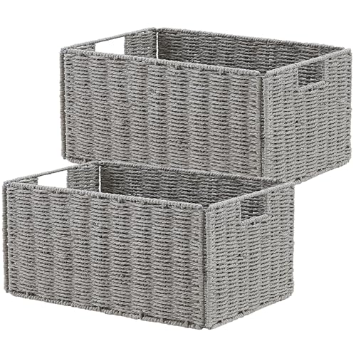 Vagusicc Wicker Storage Basket, Set of 2 Hand-Woven Paper Rope Wicker Basket, Small Storage Baskets for Organizing Toilet Paper, Foldable Large Cube Storage Organizer Bins for Shelves (Grey)