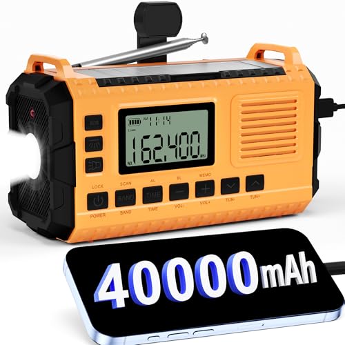 Emergency Weather Radio – AM/FM/NOAA Hand Crank Radio with 15W Fast Charge, 40000mAh Portable Solar Power Bank, Multi-Function Flashlight & SOS Alarm for Outdoor Indoor Emergencies (Orange)