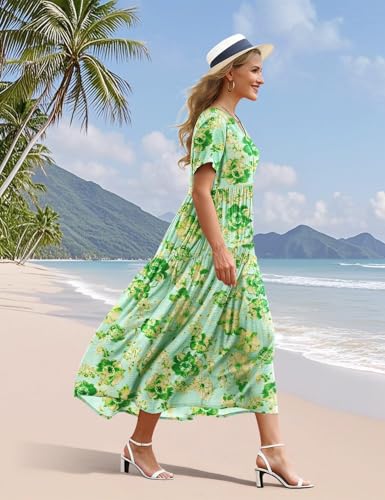 Image of YESNO Women's Summer Maxi Dresses Casual Floral Short Sleeve V Neck Boho Beach Vacation Swing Dress with Pockets EVF