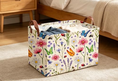 Image of Essme Rectangular Basket, Flower Storage Basket with Handles for Room Decor,(Flower cluster)