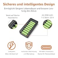 Amazon Basics NiMH Batterieset wiederaufladbar, 8er-Pack AA-Batterie 2000 mAh, mit Batterieladegerät mit Platz für 8 Batterien, ohne AC-Netzadapter, USB-C-Anschluss – Ansicht 3