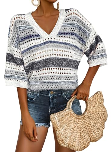 Image of Acelitt Crochet Tops for Women Summer Short Sleeve Sweater | Boho Striped Knit Top, 3 /4 Sleeve, Hollow Out Oversized Sweaters, Lightweight Blouses, Spring Fall Outfits for Beach Vacation