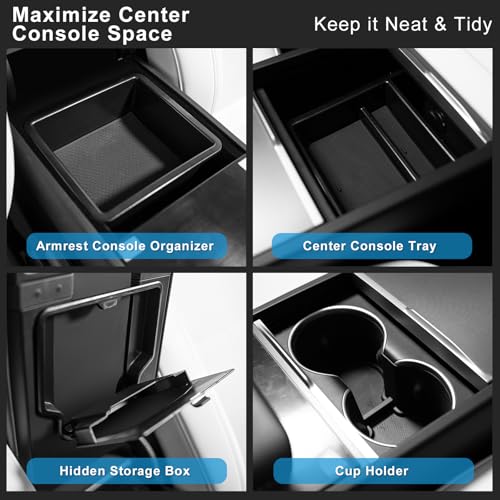 Image of Weize 2025 2026 Tesla Model Y Juniper All Weather Cargo Liner Floor Mats 9 PCS & Double Layer Center Console Organizer 4 PCS, Full Coverage Tesla Interior Accessories Kit(Not for Standard)