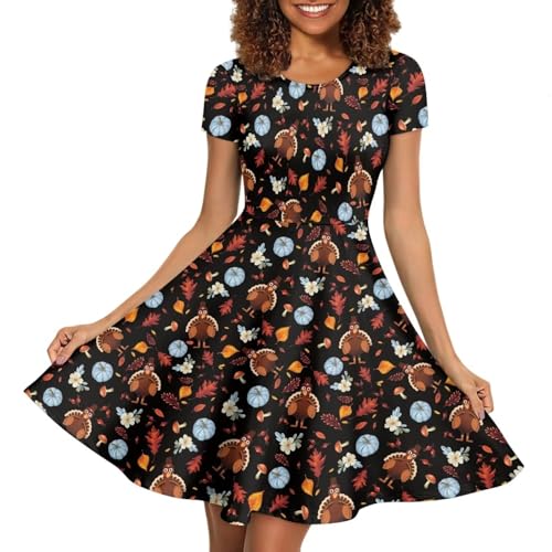 Image of POLERO Women Puffy Swing Elegant Party Midi Dresses Short Sleeve Round Neck A-Line Dress