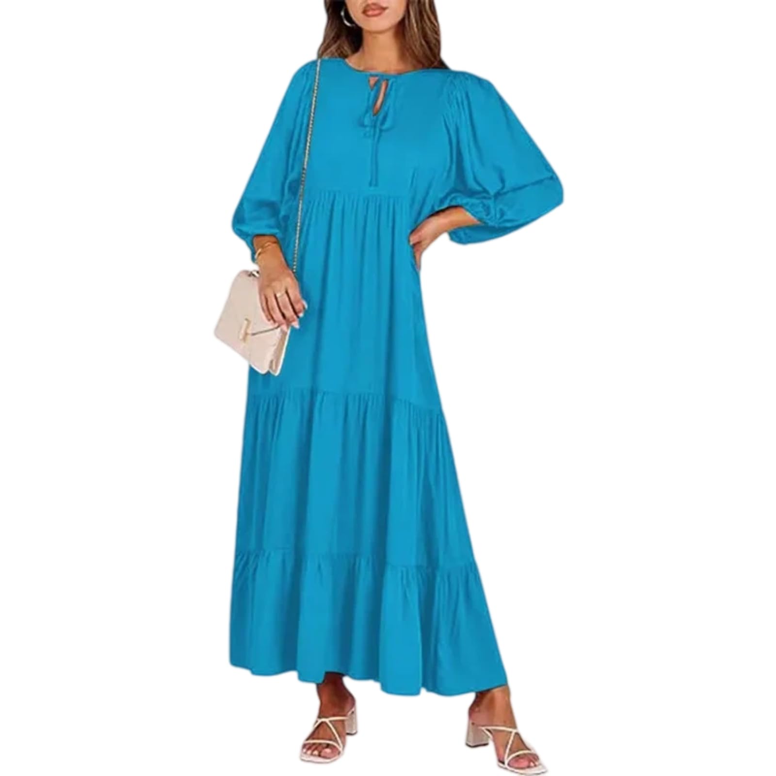 Vestido Casual Casual de Tobillo con Estampado geométrico de Siete Cuartos de Manga Burbuja y Manga Cuenca Cuenca en Forma de Mujer
