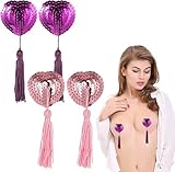 Xinjieda Wiederverwendbare Brustblätter, Wasserdicht, Strass-Dekor, Selbstklebend, für Schwimmen und Rave 1 Paar Lila + 1 Paar Rosa