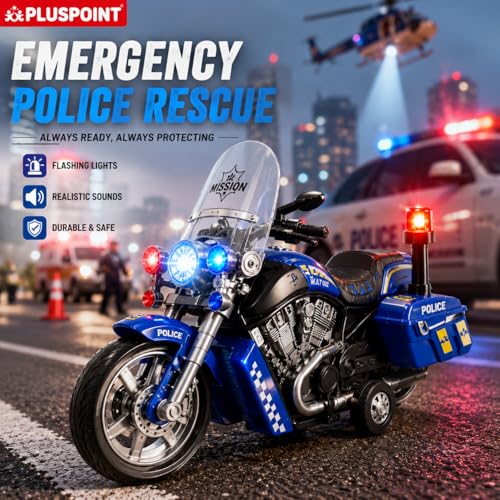 Image of PLUSPOINT Police Rescue Bike Toy for Kids | Friction Powered Push & Go Police Motorcycle with Lights & Music | Emergency Vehicle Simulation Toy for Boys & Girls Age 3-6 Years