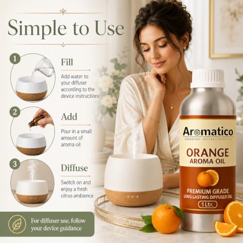 Image of AROMATICO Orange Diffuser Oil with Strong, Long-Lasting Aroma. Premium Aroma Oil for Homes, Offices & Showrooms. Aromatherapy, Diffusers, Air Purifiers, Vaporizers - 1 L (1000 ml)