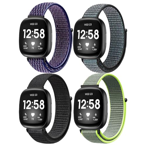ShuYo Sport Loop Nylon Band Compatible with Fitbit Versa 4/Fitbit Versa 3 Bands/Fitbit Sense 2/Fitbit Sense, Adjustable Rugged Velcro Replacement Wristband Strap for Men Women(4 Pack)