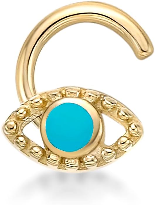 Lavari Jewelers 20 Gauge Evil Eye Curved Screw Nose Stud for Women and Men - 10k Yellow Gold Multicolor Enamel Nose Ring - Unisex Hypoallergenic Nostril Piercing Jewelry - 20G Body Piercing