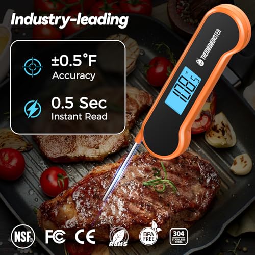 0.5 Sec Instant Read Meat Thermometer Digital with ±0.5℉ Precision, Food Thermometer for Cooking Kitchen Gadgets, Oven Grill Candy BBQ Essentials Accessories, Gifts for Him Dad Men Birthday, Orange - Thumbnail 2