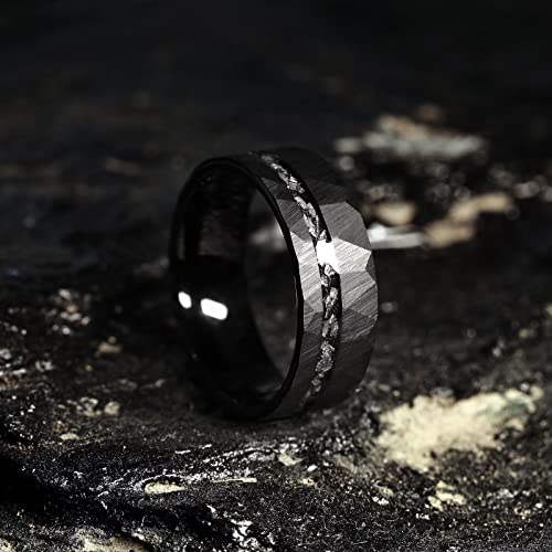 King Will Mens 8Mm Black Hammered Tungsten Carbide Wedding Rings Imitated Meteorite Inlay Matte Brushed Tungsten Ring 10.5 #TOP30