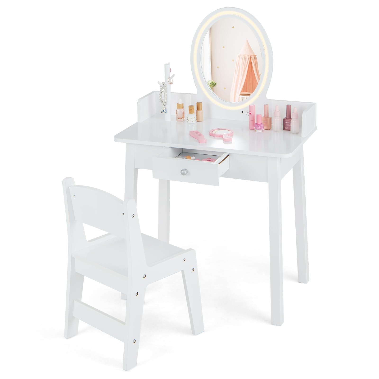 COSTWAY 2 in 1 Kinder Schminktisch mit Hocker, Frisiertisch mit Beleuchtung, Schminkkommode aus Holz mit Schublade & Schmuck-Organizer, Kosmetiktisch Prinzessin für Mädchen ab 3 Jahren (Weiß)
