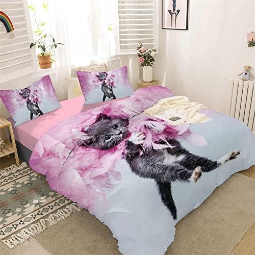 HOMHOMHA Lovely Kitty Duvet Cover Set Double Size for Kids Adults Bedroom,Grey Cat Pink Feather Creative Bedding Duvet Cover Cat Themed Bedspread,Soft Microfiber Bed Set