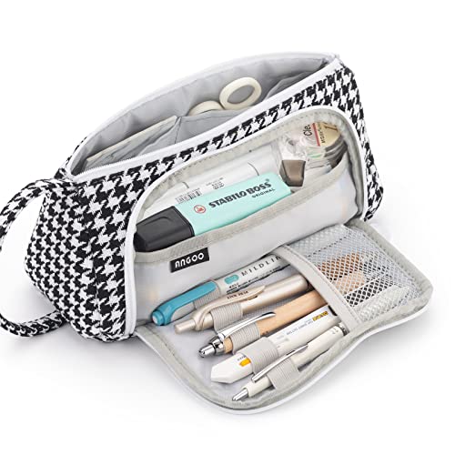 EASTHILL Canvas Big Capacity Pencil Case Pouch Pen Case Simple Stationery Bag School College Office Organizer for Teens Girls Adults Student, Plaid Black, Simple