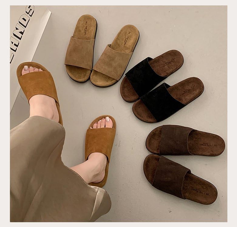Women Retro PU Leather House Slippers Suede One-Band Platform Slides Sandals Outdoor