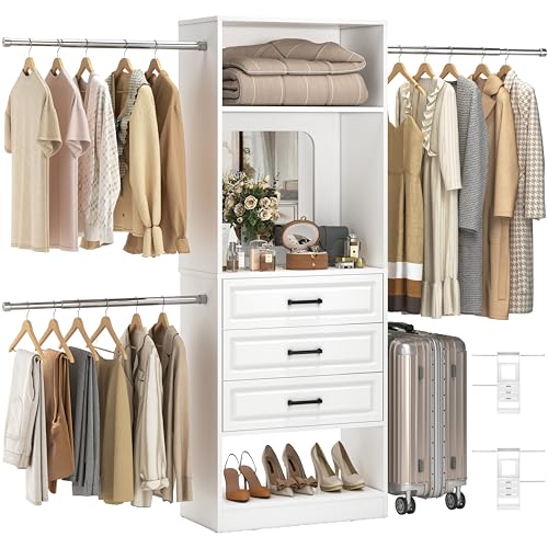Unikito 48″ W – 96” W Closet System with Mirror, 8FT Walk in Closet Organizer Kits with Drawers and 3 Extendable Hanging Rod, Sturdy Wood Clothing Garment Rack with 25” Tower, Max Load 1000 LBS, White