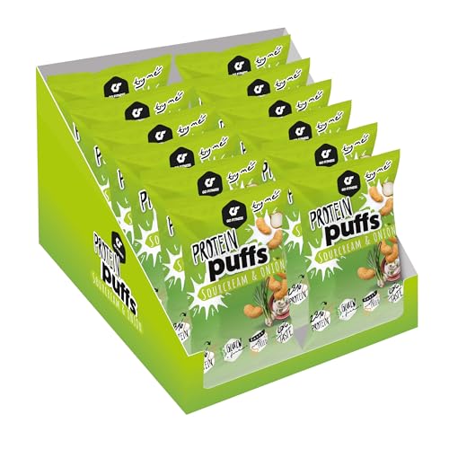 Go Fitness High Protein Snacks - Puffs 12 x 50 Gramm Packungen mit je 16g Eiweiß - Sourcream & Onion - Linsen Chips - Eiweißriegel alternative und herzhafter Snack