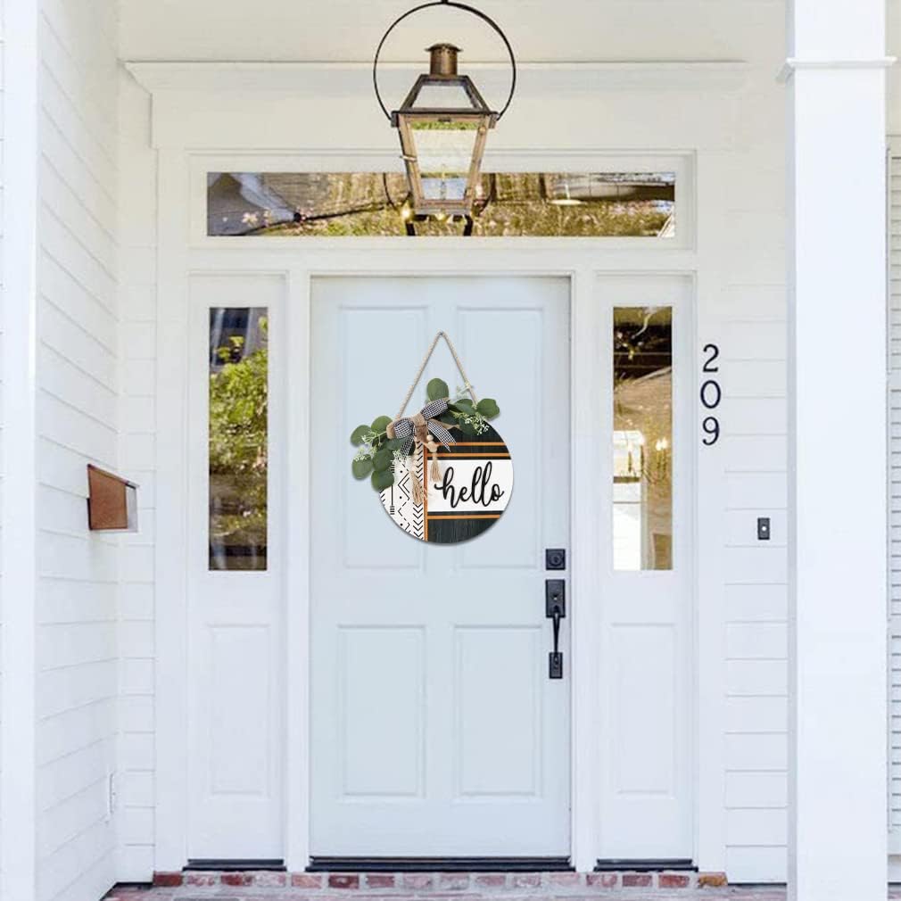 CHDITB Boho 3D Hello Front Door Wreath Sign(12"x12"), Farmhouse Front Door Porch Decor with Eucalyptus Leaves Plaid Bow Bead, Rustic All Seasons Door Hanger Decoration Hanging for Office Home