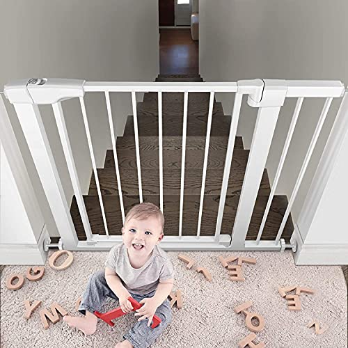 Auto Close Safety Baby Gate, Extra Wide Child Gate, The Maximum Suitable For 143 cm, Including 10 cm, 20 cm, 30 cm Extension Rack, Easy Walk Thru Durability Dog Gate for Stairs, Doorways