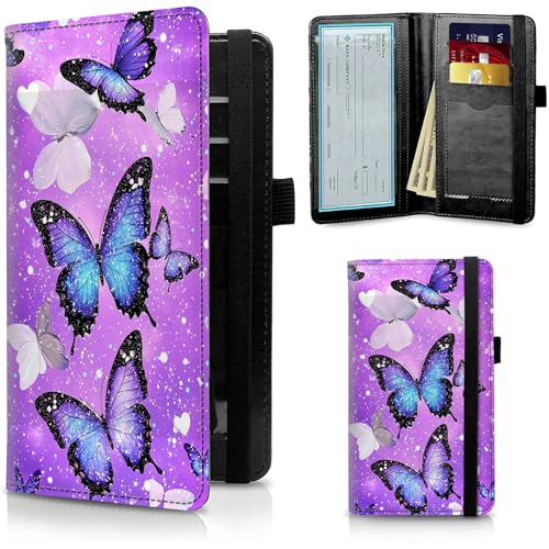FUYOCWE Checkbook Covers for Personal Checkbook,Leather Checkbook Cover for Business/Personal Checks,RFID Blocking Check Book Cover Holder Wallets for Men Women-Pink Butterfies