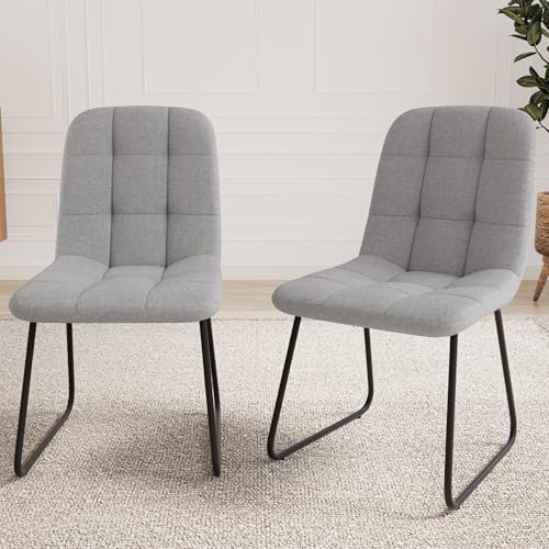 Moderne Eetkamerstoel, Lichtgrijs Gewatteerde Stof, Zwart Metalen Poten, 47cm Zithoogte (2 Lichtgrijs met zwarte poten)