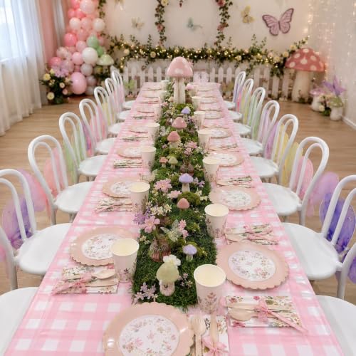 Image of Blue Orchards Pink Gingham Table Cover (Pack of 3 with 20 Glue dots) - 54 inchx108 inch XL - Pink and White Checkered Plaid Picnic Tablecloth, Baby & Bridal Shower Decoration, Outdoor Birthday Party Supplies