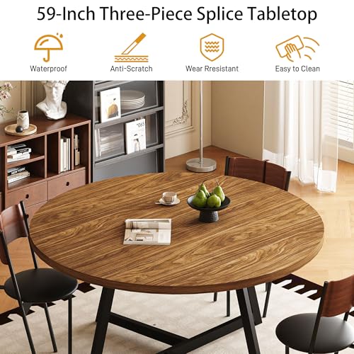 Image of Large Round Dining Table for 6-8, Wooden Dinner Table with Heavy Duty Metal Pedestal Base, for Kitchen Living Room, Space Saving, 59 Inch, Brown