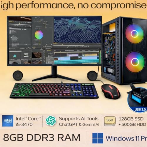Image of TECNICO AI Ready Desktop PC - Core i5-3470 3.2GHz, 8GB RAM, 128GB SSD + 500GB HDD, 20inch Monitor, Windows 11, WiFi - Supports AI Tools Like ChatGPT for Office, Study & Business