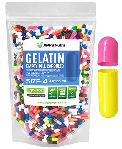 Image of XPRS Nutra Size 4 Empty Capsules - 500 Count Small Empty Gelatin Capsules - Pills DIY Capsule Filling - Fillable Pure Bovine Pill Gel Caps for Do-It-Yourself Supplements (Multi Color)