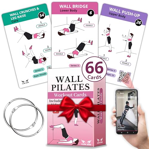Wall Pilates Workouts for Women – 66 Exercise Cards with Videos & Workout Plan – Includes 5-Week Challenge, E-book, Chart & 2 Rings for Easy Organization – Home Pilates Workout Guide