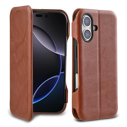 Image of PULOKA - Sleek Flip Case- Compatible for iPhone 16 - Premium Vegan Leather Phone Cover with Card Slot - Slim, Durable, Privacy Protection - Kickstand Function - Elegant Flip Wallet Cases- Brown