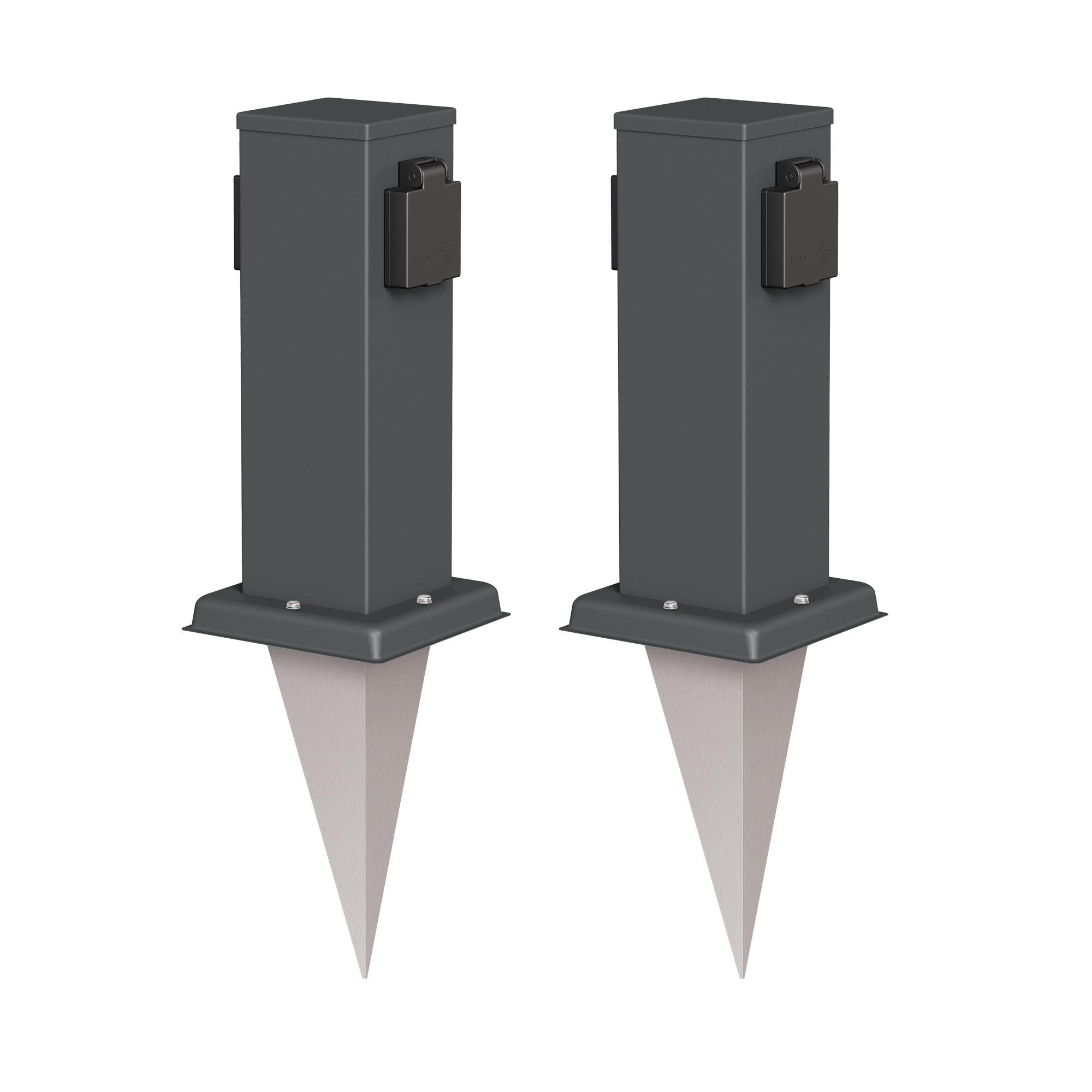 ledscom.de 2x presa da giardino a colonna Polly con picchetto a terra per esterni, IP44, 2-gang, antracite, angolare, 27cm