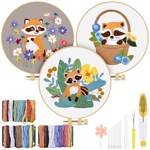Image of TINDTOP 3 Pack Embroidery Kit for Adult Beginners, Embroidery DIY Starter Kit, with Raccoon Stamped Patterns, Hoop, Tools, Colorful Threads with Needles, Instructions