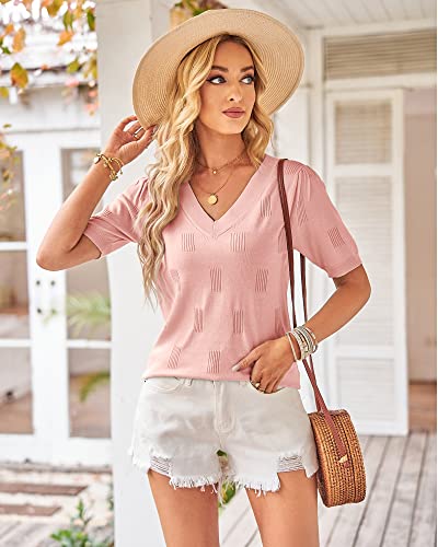 Image of Arach&Cloz Women's Lightweight Spring Summer Sweater Tops Casual Short Sleeve Blouses Shirts